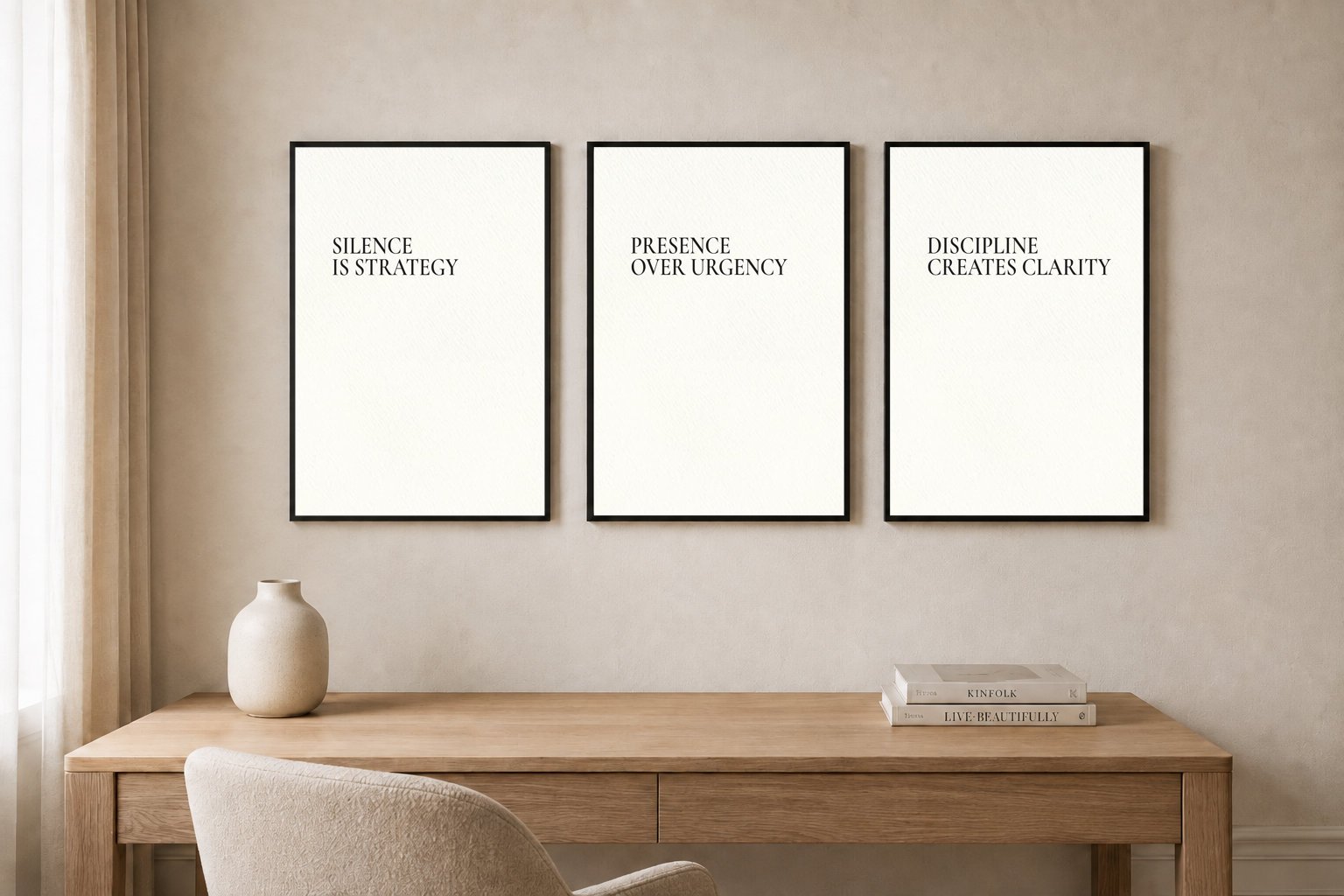 Minimalist office wall art set of three framed above a desk