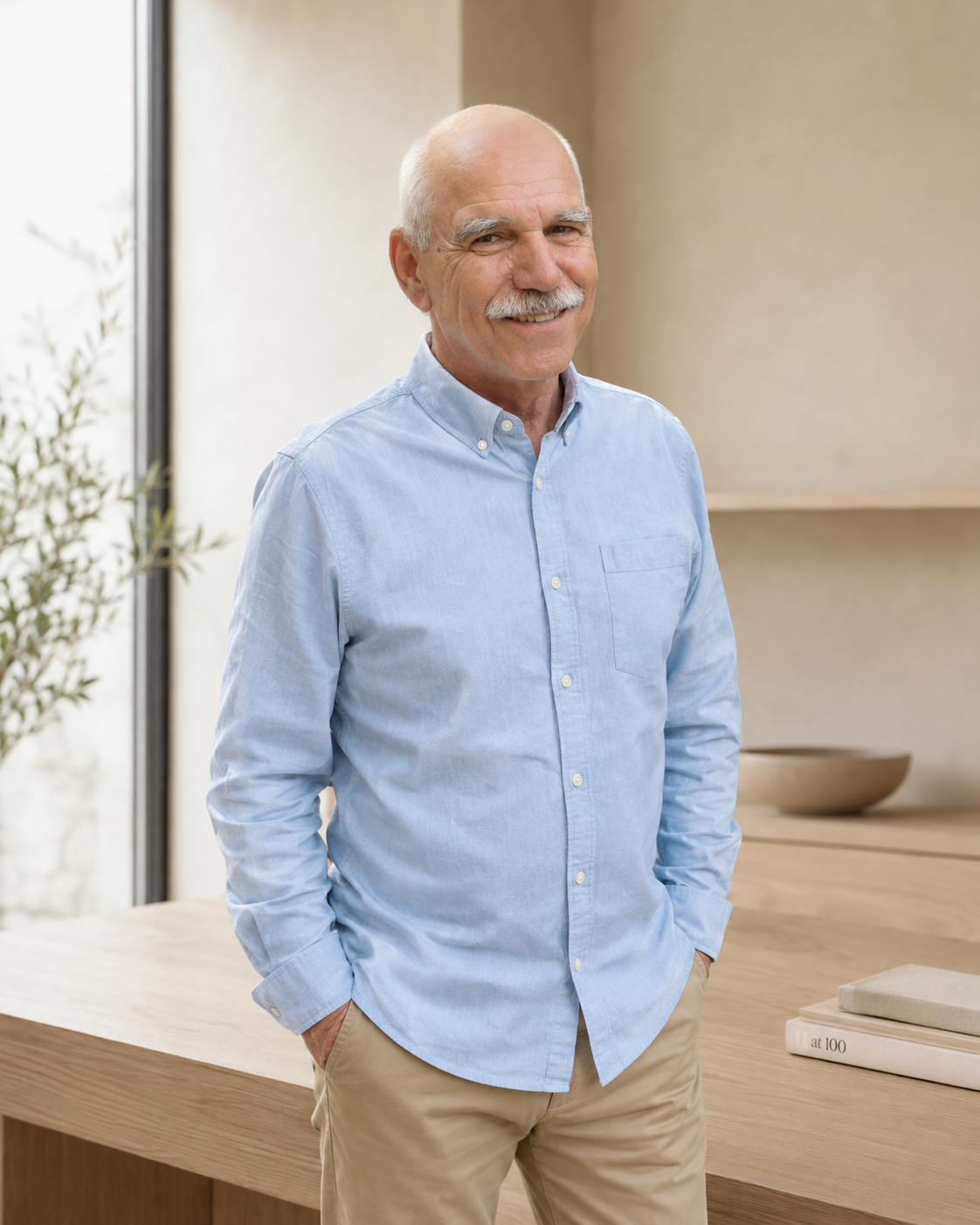 István Farkas, founder and designer of Quiet Authority, in a minimalist neutral interior