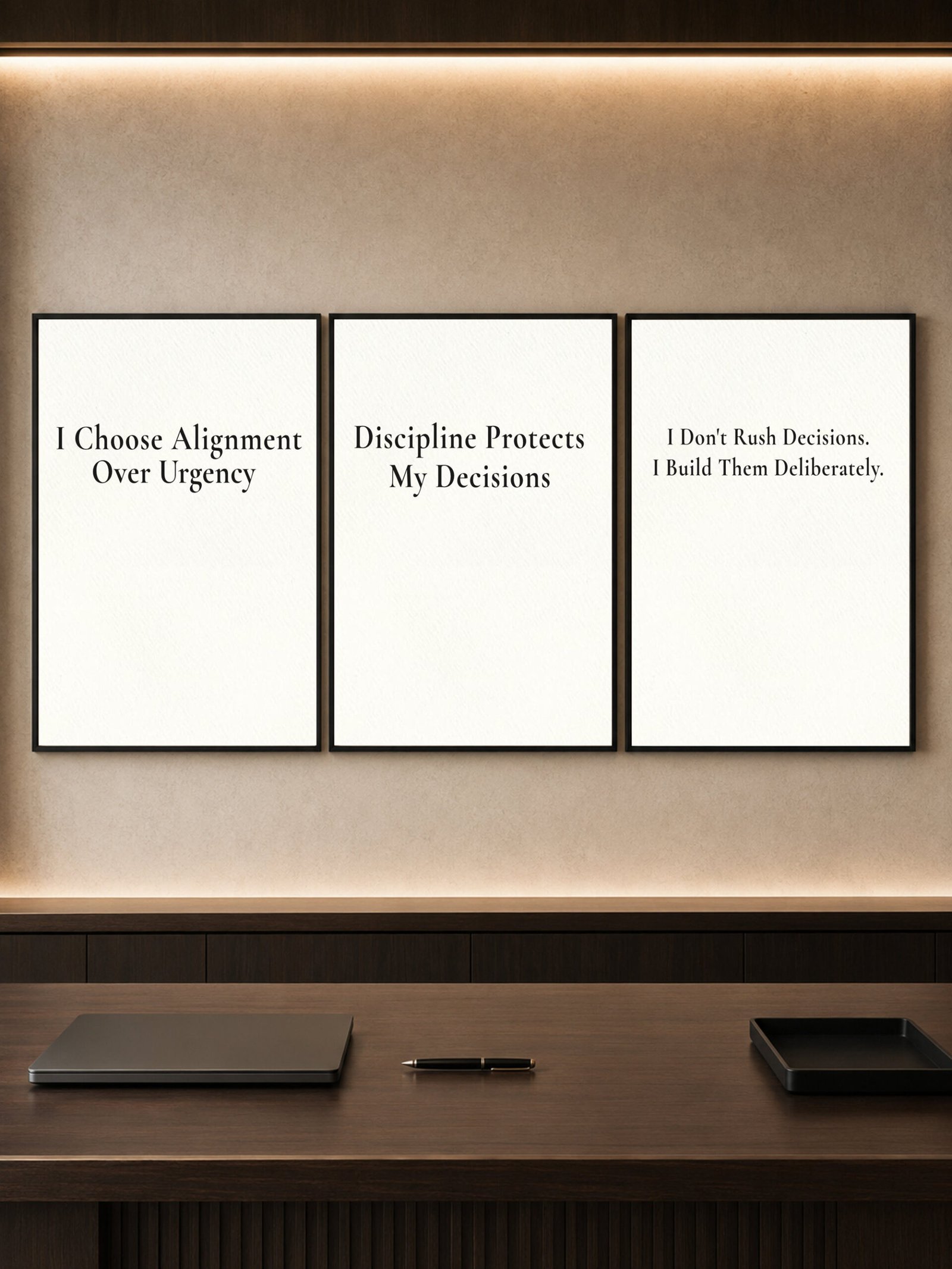 Minimalist office wall art set of 3 framed above a desk