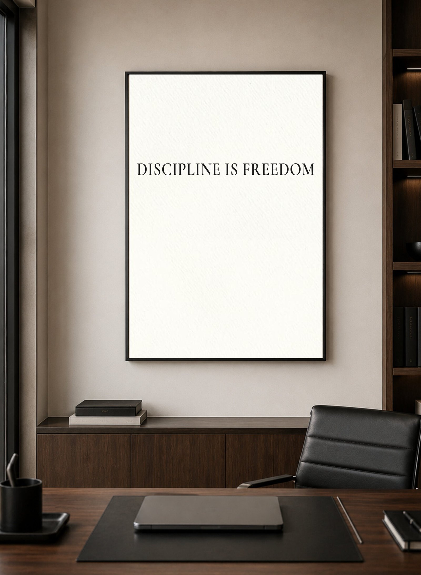 Discipline Is Freedom leadership wall art framed on a warm wall
