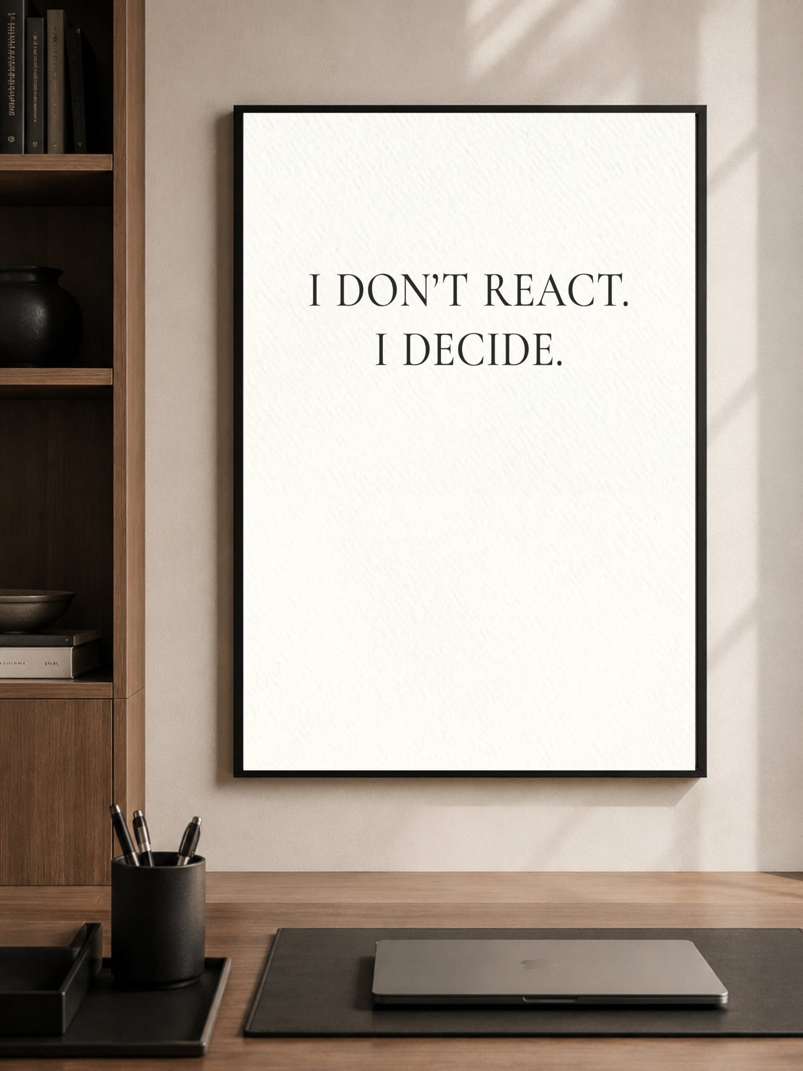 Minimalist Quiet Authority leadership wall art framed in a calm neutral interior