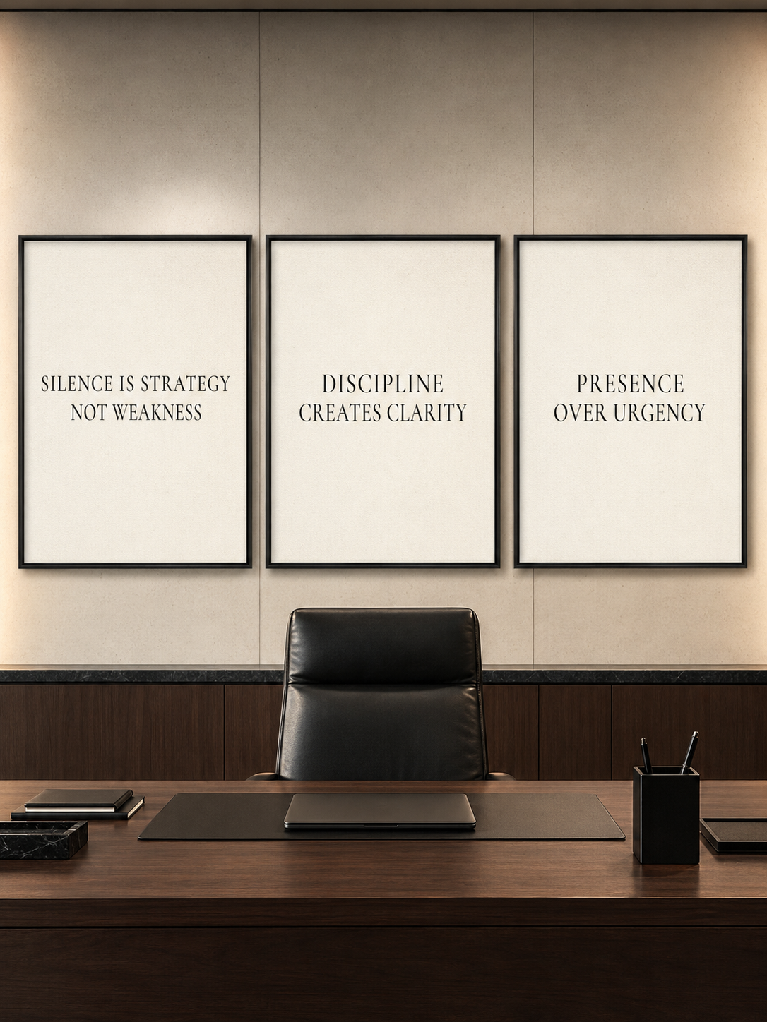A calm set of three minimalist office wall art prints for a woman's workspace